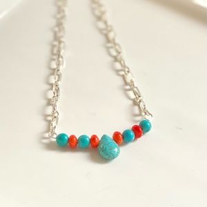 Genuine Turquoise, Coral and Howlite Bar Necklace